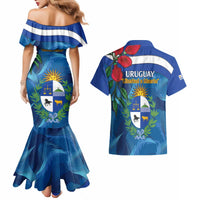 Uruguay Independence Day Couples Matching Mermaid Dress and Hawaiian Shirt 25 De Agosto Coat Of Arms With Ceibo - Wonder Print Shop
