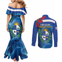 Uruguay Independence Day Couples Matching Mermaid Dress and Long Sleeve Button Shirt 25 De Agosto Coat Of Arms With Ceibo
