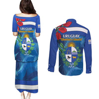 Uruguay Independence Day Couples Matching Puletasi and Long Sleeve Button Shirt 25 De Agosto Coat Of Arms With Ceibo - Wonder Print Shop