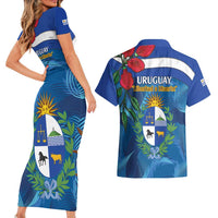 Uruguay Independence Day Couples Matching Short Sleeve Bodycon Dress and Hawaiian Shirt 25 De Agosto Coat Of Arms With Ceibo - Wonder Print Shop