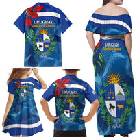 Uruguay Independence Day Family Matching Off Shoulder Maxi Dress and Hawaiian Shirt 25 De Agosto Coat Of Arms With Ceibo - Wonder Print Shop