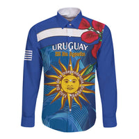 Uruguay Independence Day Long Sleeve Button Shirt 25 De Agosto Coat Of Arms With Ceibo - Wonder Print Shop