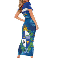 Uruguay Independence Day Short Sleeve Bodycon Dress 25 De Agosto Coat Of Arms With Ceibo - Wonder Print Shop