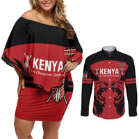 Custom Kenya Rugby Couples Matching Off Shoulder Short Dress and Long Sleeve Button Shirt 2024 Go Champions Simbas - Red - Wonder Print Shop