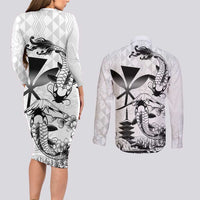 Japan And Hawaii Couples Matching Long Sleeve Bodycon Dress and Long Sleeve Button Shirt Sakura Koi Fish Hawaiian Lei Kanaka - Wonder Print Shop
