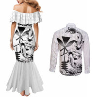 Japan And Hawaii Couples Matching Mermaid Dress and Long Sleeve Button Shirt Sakura Koi Fish Hawaiian Lei Kanaka - Wonder Print Shop