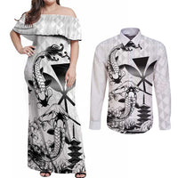 Japan And Hawaii Couples Matching Off Shoulder Maxi Dress and Long Sleeve Button Shirt Sakura Koi Fish Hawaiian Lei Kanaka - Wonder Print Shop