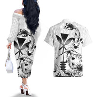 Japan And Hawaii Couples Matching Off The Shoulder Long Sleeve Dress and Hawaiian Shirt Sakura Koi Fish Hawaiian Lei Kanaka - Wonder Print Shop