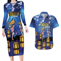 Japan Obon Festival Couples Matching Long Sleeve Bodycon Dress and Hawaiian Shirt Sakura Lanterns With Bon Dance - Wonder Print Shop
