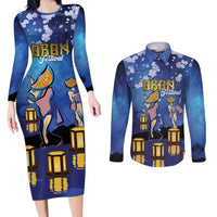Japan Obon Festival Couples Matching Long Sleeve Bodycon Dress and Long Sleeve Button Shirt Sakura Lanterns With Bon Dance - Wonder Print Shop
