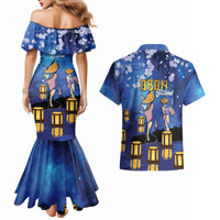 Japan Obon Festival Couples Matching Mermaid Dress and Hawaiian Shirt Sakura Lanterns With Bon Dance - Wonder Print Shop