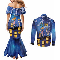 Japan Obon Festival Couples Matching Mermaid Dress and Long Sleeve Button Shirt Sakura Lanterns With Bon Dance - Wonder Print Shop
