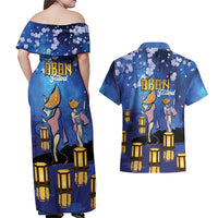 Japan Obon Festival Couples Matching Off Shoulder Maxi Dress and Hawaiian Shirt Sakura Lanterns With Bon Dance - Wonder Print Shop