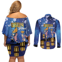 Japan Obon Festival Couples Matching Off Shoulder Short Dress and Long Sleeve Button Shirt Sakura Lanterns With Bon Dance - Wonder Print Shop