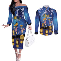 Japan Obon Festival Couples Matching Off The Shoulder Long Sleeve Dress and Long Sleeve Button Shirt Sakura Lanterns With Bon Dance - Wonder Print Shop