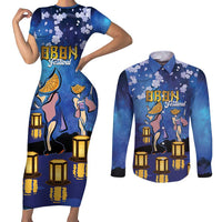 Japan Obon Festival Couples Matching Short Sleeve Bodycon Dress and Long Sleeve Button Shirt Sakura Lanterns With Bon Dance - Wonder Print Shop