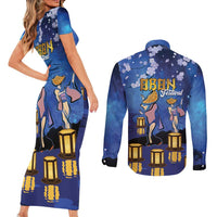 Japan Obon Festival Couples Matching Short Sleeve Bodycon Dress and Long Sleeve Button Shirt Sakura Lanterns With Bon Dance - Wonder Print Shop
