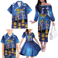 Japan Obon Festival Family Matching Off The Shoulder Long Sleeve Dress and Hawaiian Shirt Sakura Lanterns With Bon Dance - Wonder Print Shop