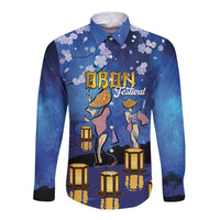 Japan Obon Festival Long Sleeve Button Shirt Sakura Lanterns With Bon Dance - Wonder Print Shop