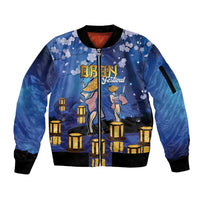 Japan Obon Festival Sleeve Zip Bomber Jacket Sakura Lanterns With Bon Dance - Wonder Print Shop