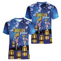 Japan Obon Festival Women V-Neck T-Shirt Sakura Lanterns With Bon Dance - Wonder Print Shop