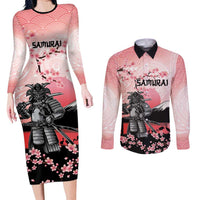 Personalised Japan Samurai Warrior Couples Matching Long Sleeve Bodycon Dress and Long Sleeve Button Shirt Japanese Cherry Blossom Polynesian Pattern - Wonder Print Shop