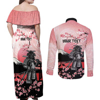 Personalised Japan Samurai Warrior Couples Matching Off Shoulder Maxi Dress and Long Sleeve Button Shirt Japanese Cherry Blossom Polynesian Pattern - Wonder Print Shop