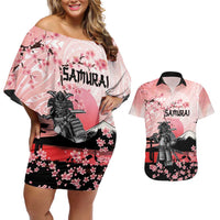 Personalised Japan Samurai Warrior Couples Matching Off Shoulder Short Dress and Hawaiian Shirt Japanese Cherry Blossom Polynesian Pattern - Wonder Print Shop
