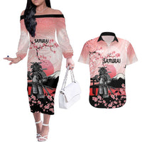 Personalised Japan Samurai Warrior Couples Matching Off The Shoulder Long Sleeve Dress and Hawaiian Shirt Japanese Cherry Blossom Polynesian Pattern - Wonder Print Shop