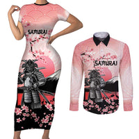Personalised Japan Samurai Warrior Couples Matching Short Sleeve Bodycon Dress and Long Sleeve Button Shirt Japanese Cherry Blossom Polynesian Pattern - Wonder Print Shop