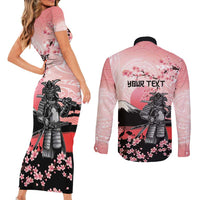 Personalised Japan Samurai Warrior Couples Matching Short Sleeve Bodycon Dress and Long Sleeve Button Shirt Japanese Cherry Blossom Polynesian Pattern - Wonder Print Shop