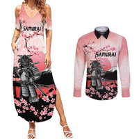 Personalised Japan Samurai Warrior Couples Matching Summer Maxi Dress and Long Sleeve Button Shirt Japanese Cherry Blossom Polynesian Pattern - Wonder Print Shop