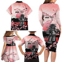 Personalised Japan Samurai Warrior Family Matching Long Sleeve Bodycon Dress and Hawaiian Shirt Japanese Cherry Blossom Polynesian Pattern - Wonder Print Shop