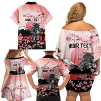 Personalised Japan Samurai Warrior Family Matching Off Shoulder Short Dress and Hawaiian Shirt Japanese Cherry Blossom Polynesian Pattern - Wonder Print Shop