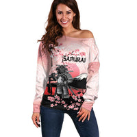 Personalised Japan Samurai Warrior Off Shoulder Sweater Japanese Cherry Blossom Polynesian Pattern - Wonder Print Shop