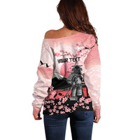 Personalised Japan Samurai Warrior Off Shoulder Sweater Japanese Cherry Blossom Polynesian Pattern - Wonder Print Shop