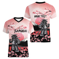 Personalised Japan Samurai Warrior Women V-Neck T-Shirt Japanese Cherry Blossom Polynesian Pattern - Wonder Print Shop