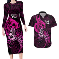 Polynesia Breast Cancer Awareness Couples Matching Long Sleeve Bodycon Dress and Hawaiian Shirt Think Pink Polynesian Ribbon Black Version - Wonder Print Shop