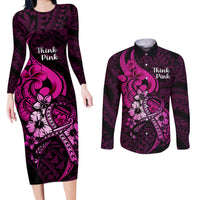 Polynesia Breast Cancer Awareness Couples Matching Long Sleeve Bodycon Dress and Long Sleeve Button Shirts Think Pink Polynesian Ribbon Black Version - Wonder Print Shop