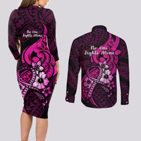 Polynesia Breast Cancer Awareness Couples Matching Long Sleeve Bodycon Dress and Long Sleeve Button Shirts Think Pink Polynesian Ribbon Black Version - Wonder Print Shop
