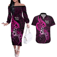 Polynesia Breast Cancer Awareness Couples Matching Off The Shoulder Long Sleeve Dress and Hawaiian Shirt Think Pink Polynesian Ribbon Black Version - Wonder Print Shop