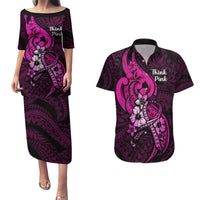 Polynesia Breast Cancer Awareness Couples Matching Puletasi Dress and Hawaiian Shirt Think Pink Polynesian Ribbon Black Version - Wonder Print Shop