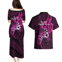 Polynesia Breast Cancer Awareness Couples Matching Puletasi Dress and Hawaiian Shirt Think Pink Polynesian Ribbon Black Version - Wonder Print Shop