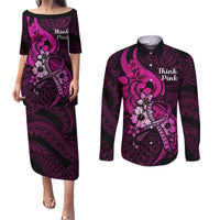 Polynesia Breast Cancer Awareness Couples Matching Puletasi Dress and Long Sleeve Button Shirts Think Pink Polynesian Ribbon Black Version - Wonder Print Shop