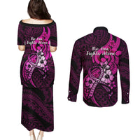Polynesia Breast Cancer Awareness Couples Matching Puletasi Dress and Long Sleeve Button Shirts Think Pink Polynesian Ribbon Black Version - Wonder Print Shop