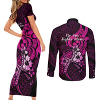 Polynesia Breast Cancer Awareness Couples Matching Short Sleeve Bodycon Dress and Long Sleeve Button Shirts Think Pink Polynesian Ribbon Black Version - Wonder Print Shop