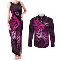 Polynesia Breast Cancer Awareness Couples Matching Tank Maxi Dress and Long Sleeve Button Shirts Think Pink Polynesian Ribbon Black Version - Wonder Print Shop