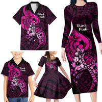 Polynesia Breast Cancer Awareness Family Matching Long Sleeve Bodycon Dress and Hawaiian Shirt Think Pink Polynesian Ribbon Black Version - Wonder Print Shop