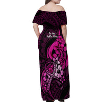 Polynesia Breast Cancer Awareness Family Matching Off Shoulder Maxi Dress and Hawaiian Shirt Think Pink Polynesian Ribbon Black Version - Wonder Print Shop