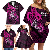 Polynesia Breast Cancer Awareness Family Matching Off Shoulder Short Dress and Hawaiian Shirt Think Pink Polynesian Ribbon Black Version - Wonder Print Shop